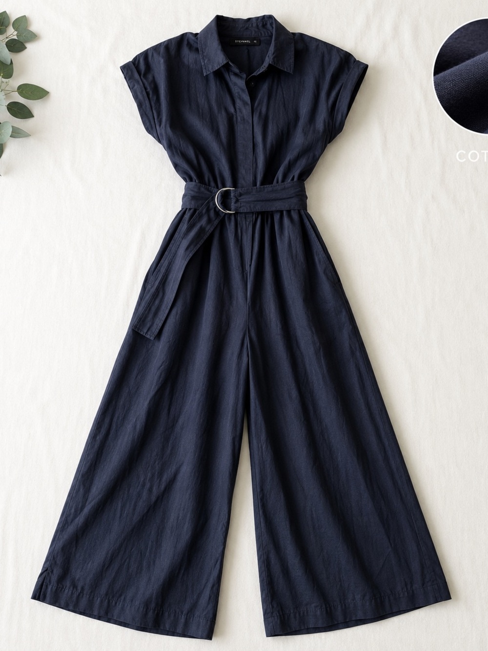 OYSHO 100% Cotton Wide Leg Jumpsuit Navy Belted Shirt Romper Size S